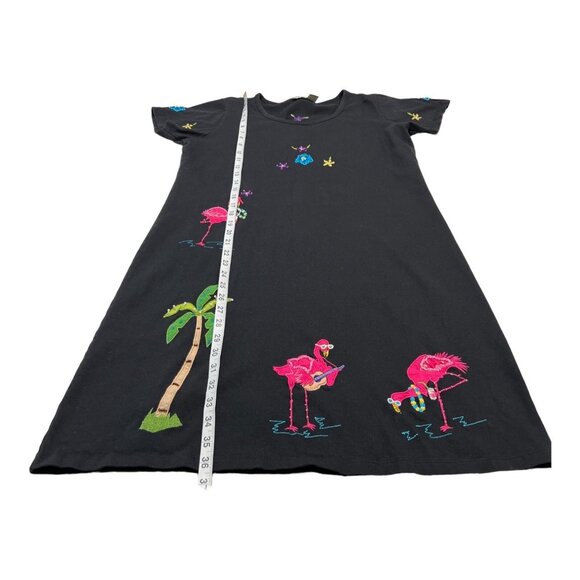 Pushpa TShirt Dress Women M Black Embroidered Beaded Flamingo Palm Tree Vacation - Picture 6 of 8